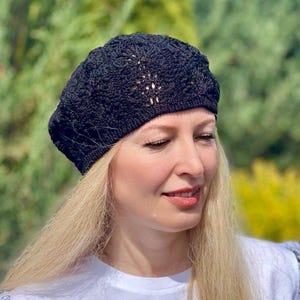 Summer Cotton Beret, Black Summer Beret, French Classic Knit Beret Tam, Summer Beanie, Lace Knit Hat, Women Crochet Beret