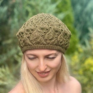 Green Khaki Lace Cotton Knit Beanie: Summer Beret Hat