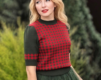 Vintage Style Fair Isle Sweater, Vintage Wool Jumper, 1940s Jumper, Short Sleeve Women Sweater, Knit Cropped Sweater, Vintage Reproduction