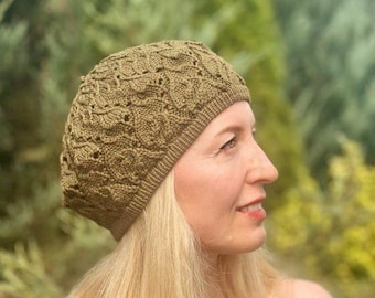Green Khaki Lace Cotton Beanie, Knit Summer Beret Hat, Crochet Beret Tam, Classic Beret