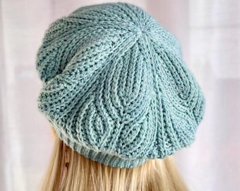 Wool Crochet Beret Hat, French Style Women Tam, Autumn Crochet Beret, Blue Knitted Beret Hat, Green Mint Beret Hat, Chunky Knit Beret