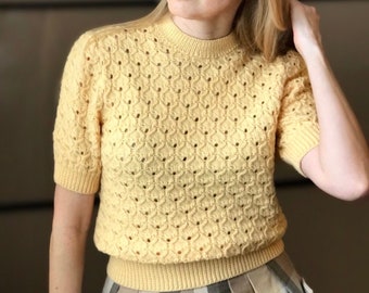 1940s Vintage Wool Jumper Reproduction, Short Sleeve Women Sweater, Knit Cropped Yellow Sweater, Knitted Top, Lase Stitch Knit Jumper