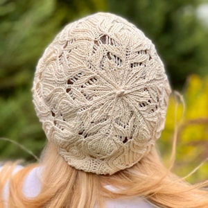 Off white Lace Cotton Ladies Beret: Knit Summer Slouchy Knit Beanie Tam