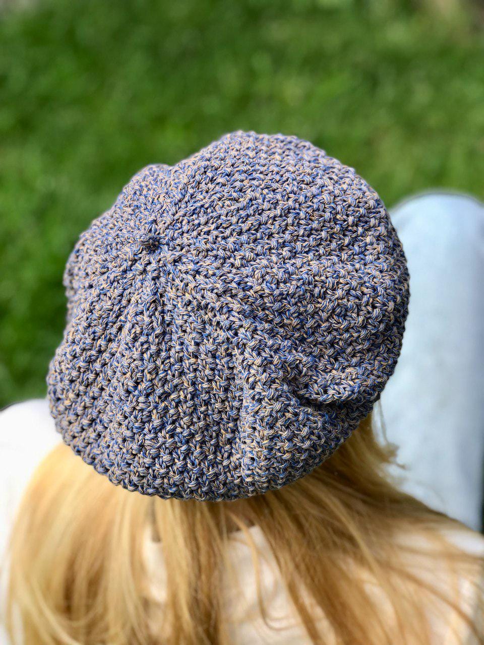 Chunky Knit Cotton Beret, French Classic Knit Beret Tam, Autumn Spring Beanie, Hat, Women French Beret, Blue Beige Hat