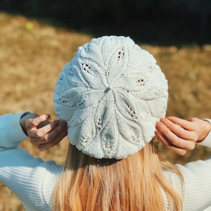 Summer Cotton Beret, Knit Slouchy Beret Tam, White Summer Beanie, Hat, Women French Beret, Black Cotton Beret image 2