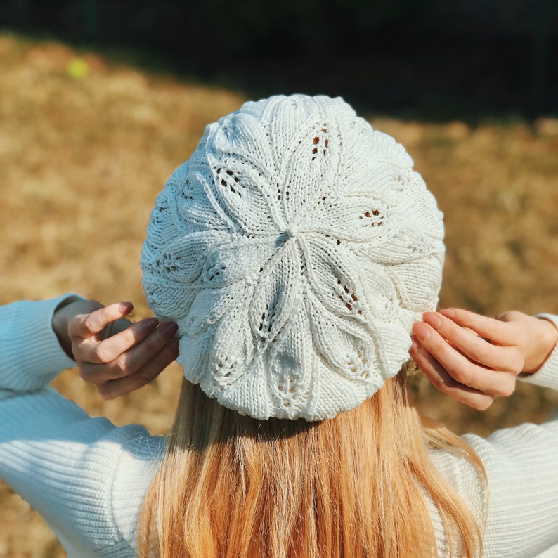 Summer Cotton Beret, Knit Slouchy Beret Tam, White Summer Beanie, Hat, Women French Beret, Black Cotton Beret image 2