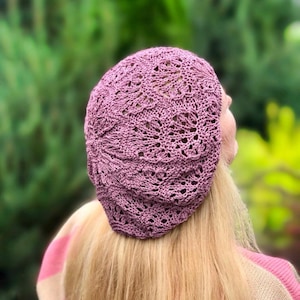 Summer Cotton Beret, Knit Slouchy Beret Tam, Pink Summer Beanie, Lace Hat, Women French Beret, Lady Crochet Sun Beret Hat