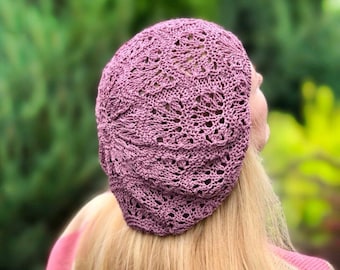 Summer Cotton Beret, Knit Slouchy Beret Tam, Pink Summer Beanie, Lace Hat, Women French Beret, Lady Crochet Sun Beret Hat
