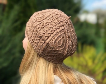 Cotton Beanie Hat, Women French Berets, Beige Knit Beret Tam, Summer Spring Beanie, Aran Knit Not Slouch Beanie Hat