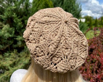 Berretto estivo beige in cotone, berretto classico francese lavorato a maglia, berretto estivo, cappello in cotone con pizzo floreale, berretto estivo casual all'uncinetto