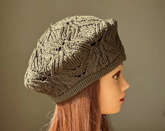 Strickmütze Damen Beret, Grobstrick Spitze Strick-Beret, Grün Weiß Blaues Französisches Beret, Herbst Beret, Strickmütze Tam