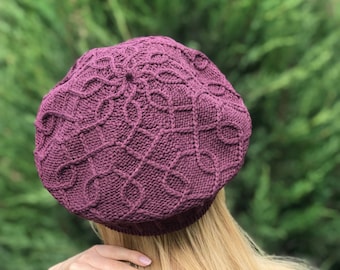 Cotton Knit Beret Hat, Women's French Style, Purple Slouchy Beanie, Chunky Knit Beret Tam