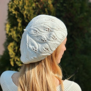 Summer Cotton Beret, Knit Slouchy Beret Tam, White Summer Beanie, Hat, Women French Beret, Black Cotton Beret image 6