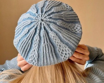 Handmade Blue Wool Knit Beret, Soft Cable Knit French Style Hat, Wool Cashmere Woman Beret Hat, Classic Knit Beret, Luxury Knit Winter Tam