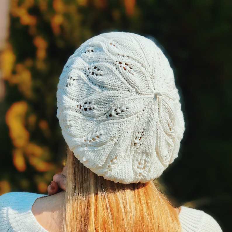 Summer Cotton Beret, Knit Slouchy Beret Tam, White Summer Beanie, Hat, Women French Beret, Black Cotton Beret image 8