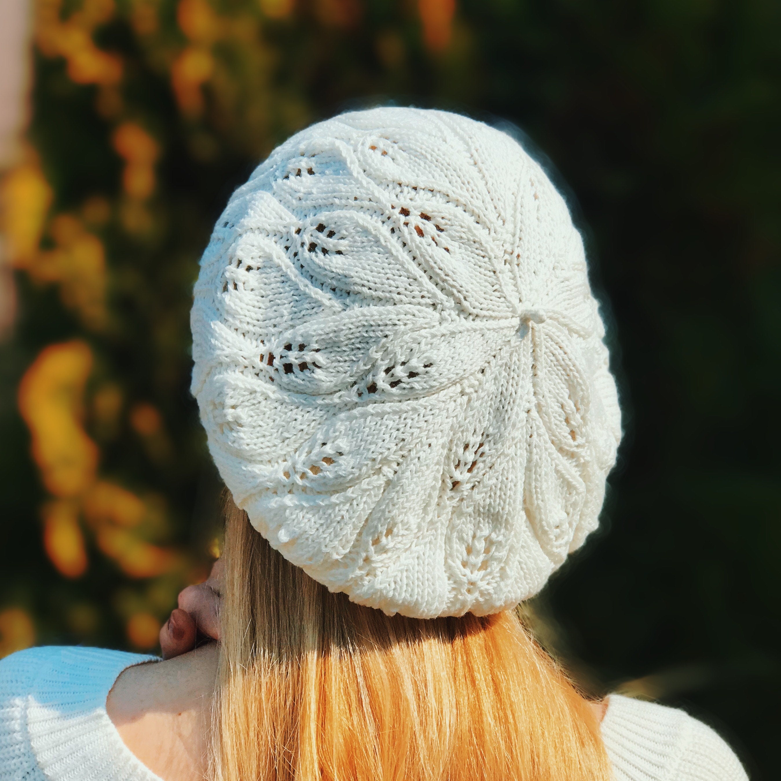 Knit Cotton Slouchy Beret: Summer White Beanie Hat in French 