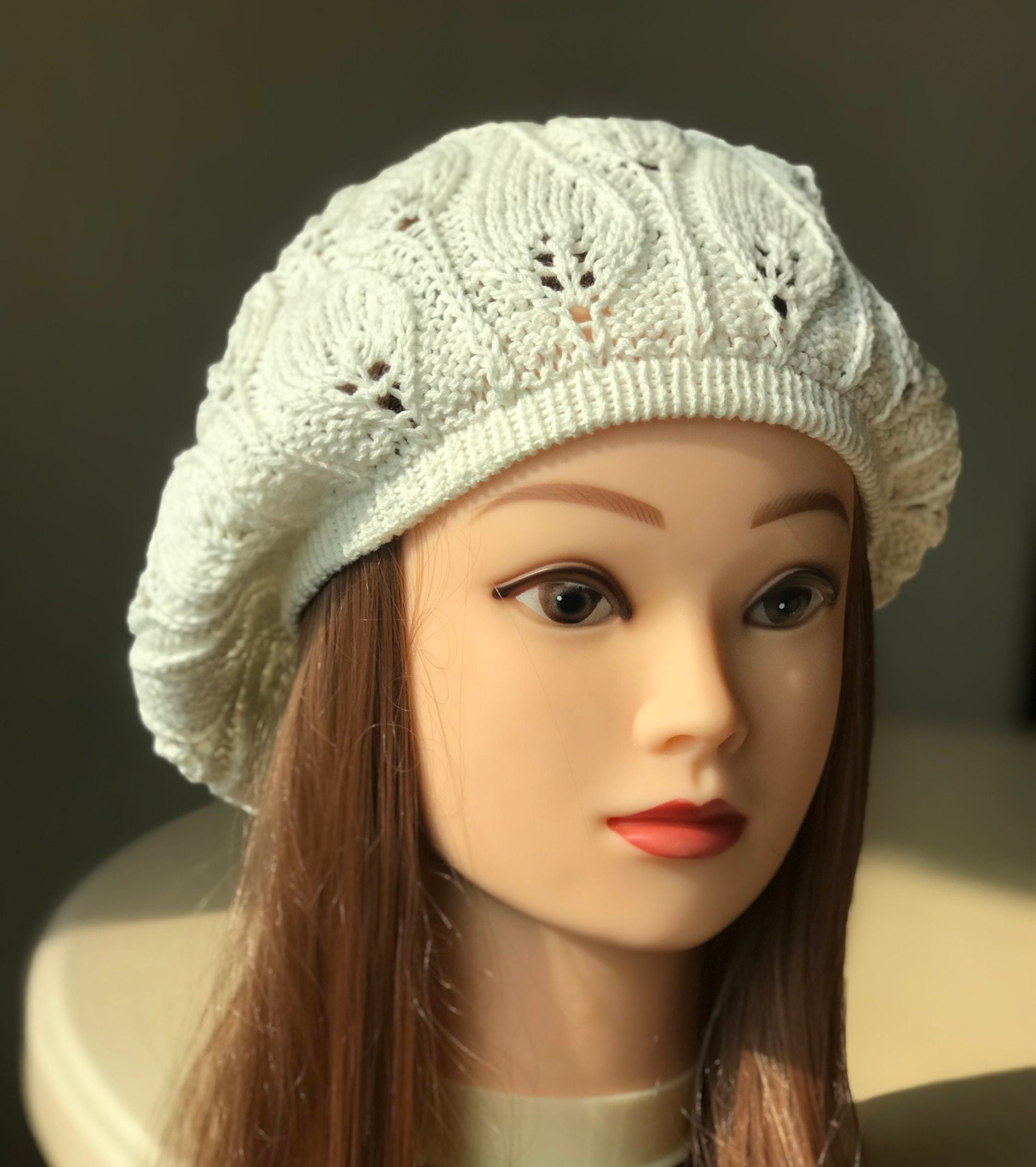 Knit Cotton Slouchy Beret: Summer White Beanie Hat in French 