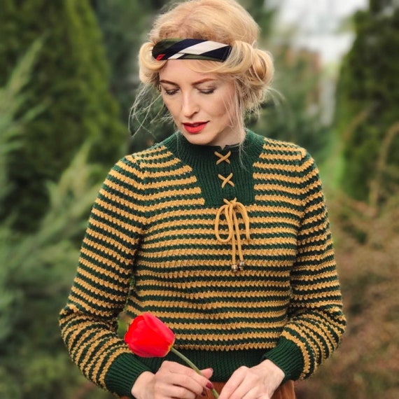 1930s Vintage Wool Jumper Reproduction, Striped Women Sweater 