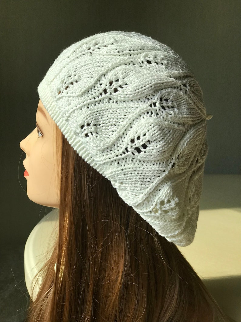 Summer Cotton Beret, Knit Slouchy Beret Tam, White Summer Beanie, Hat, Women French Beret, Black Cotton Beret image 9