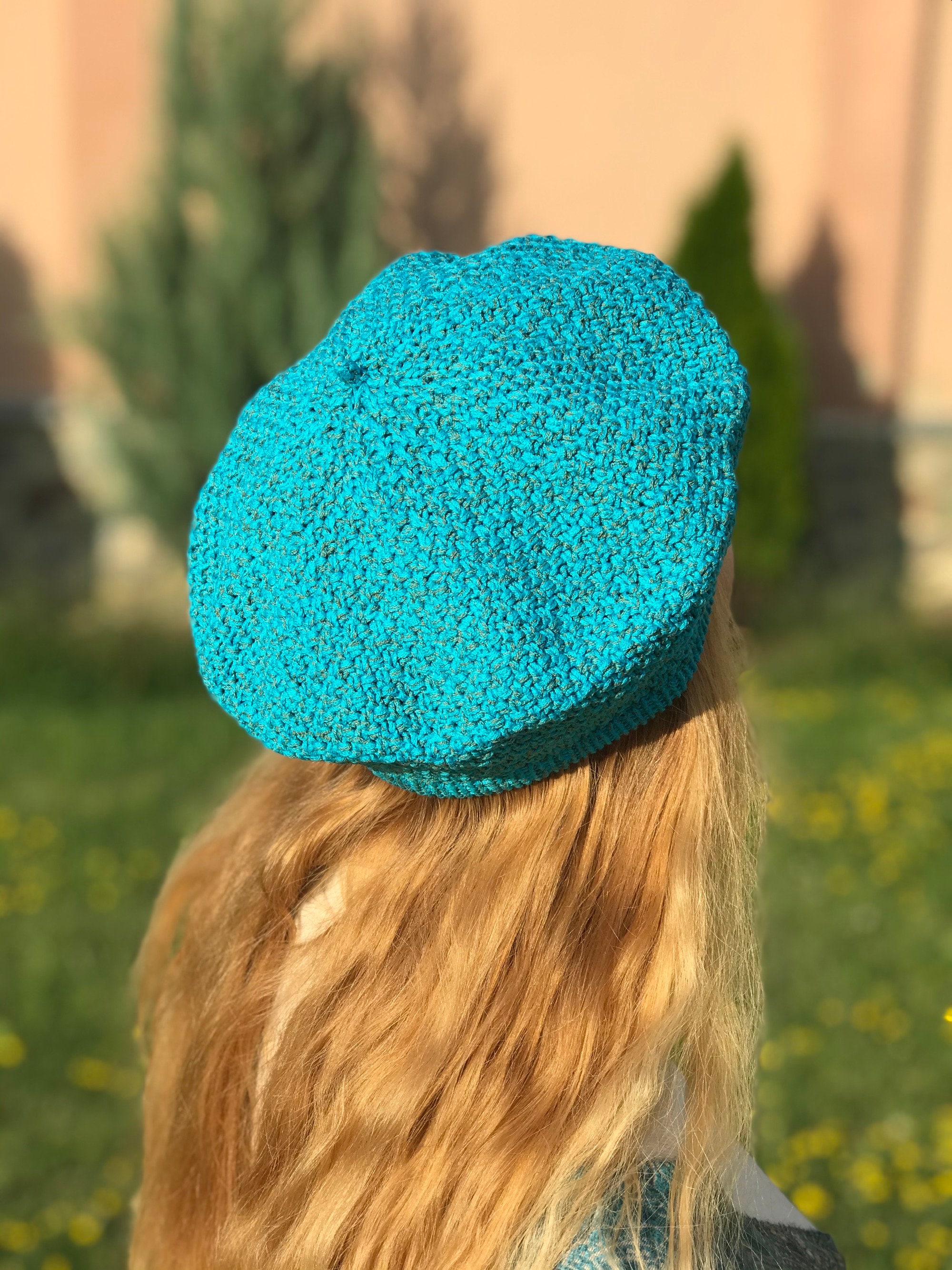 Hand Knit Cotton Beret-Style Beanie Hat French Tam Cap Unisex Cotton Beret Hat, Women French Berets, Blue Knit Beret Tam  main image 3
