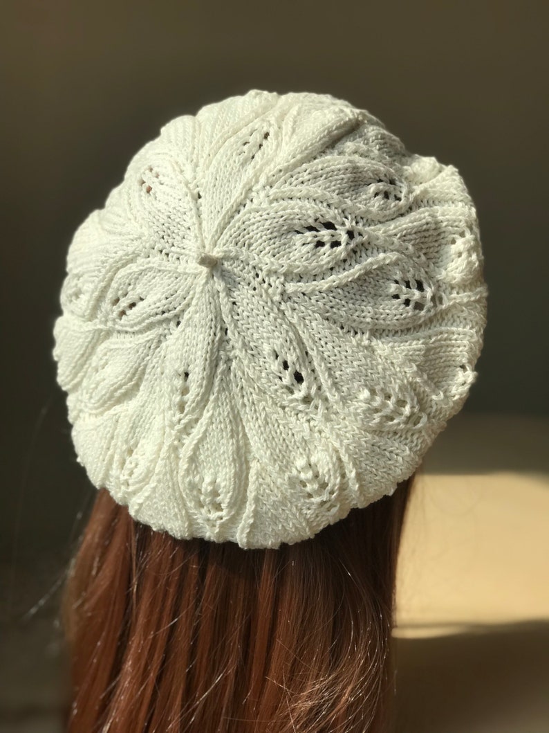 Summer Cotton Beret, Knit Slouchy Beret Tam, White Summer Beanie, Hat, Women French Beret, Black Cotton Beret image 3