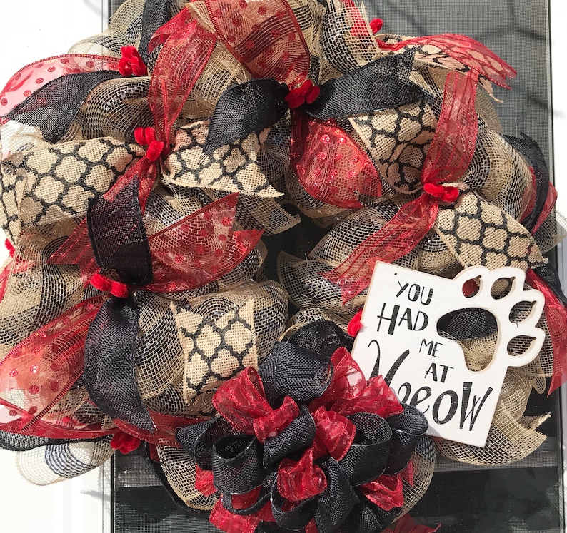 daily wreath, pet lovers paw print custom order cat wreath large bow black and red front door decor You had me at meow pet wreath