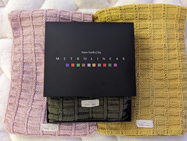 Luxury 100% Baby Alpaca Rectangular Pattern Hand-Knitted Scarves in Yellow, Dark Green & Pink from Peru