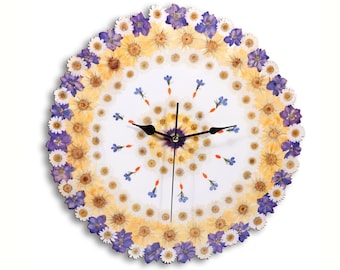 Blumen Wanduhr, Einweihungsgeschenk, Küchenuhr, gepresste Blumen, Fröhliche Uhr, Gänseblümchen Blumenuhr