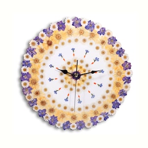 Blumen Wanduhr, Einweihungsgeschenk, Küchenuhr, gepresste Blumen, Fröhliche Uhr, Gänseblümchen Blumenuhr