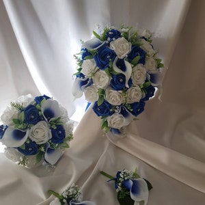 Royal Blue Calla Lily & White Rose Wedding Bouquet Flowers Artificial