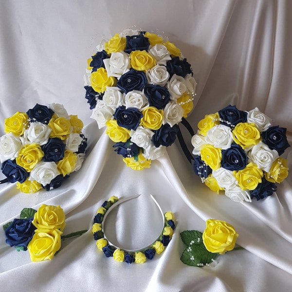 Yellow, Navy & Ivory Rose Artificial Wedding Flower Collection