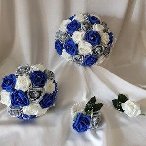 Royal Blue, Silver & White Rose Artificial Wedding Flower Collection Bouquet