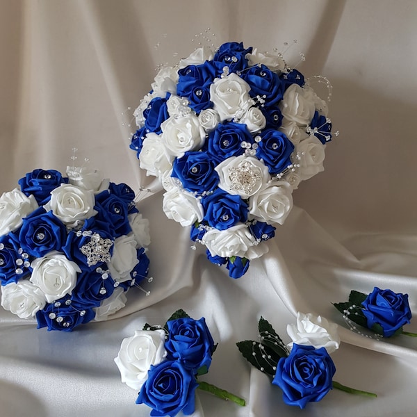 Royal Blue and White Rose Brooch Artificial Wedding Flower Collection