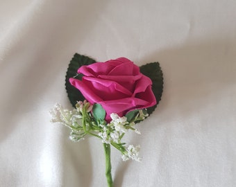 Men's Single Rose Buttonhole with Gypsophila - choose your colour