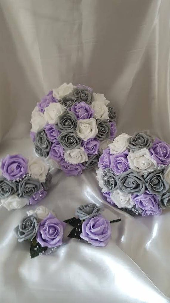 Wand Bridesmaid Ivory Grey Roses Groom,Diamante Wedding Brides Bouquet
