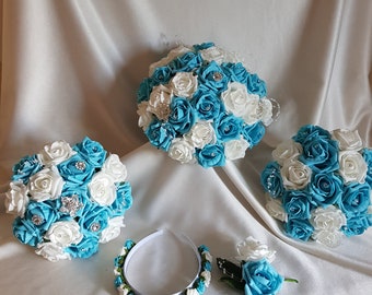 Turquoise and White Rose Brooch Artificial Wedding Flower Collection Bouquet