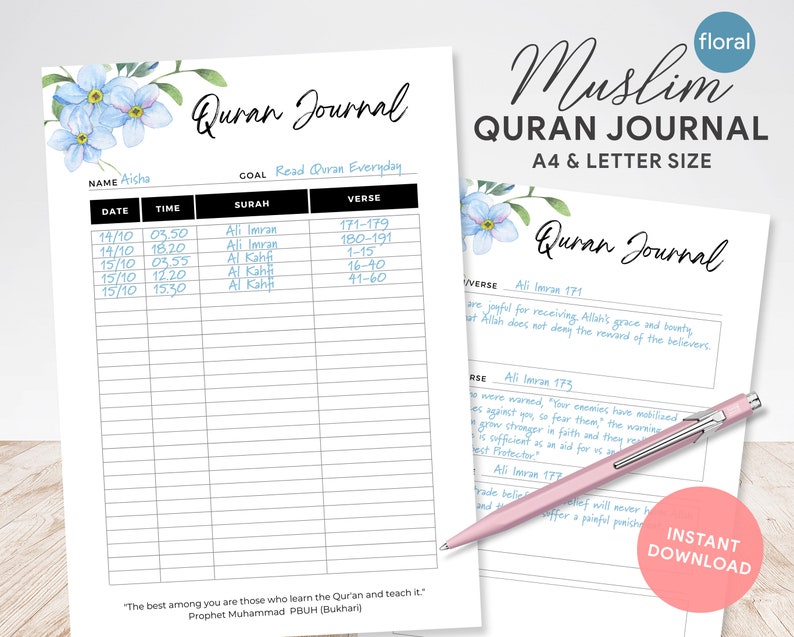 Quran Journal Quran Tracker Muslim Printable Muslim Planner Etsy