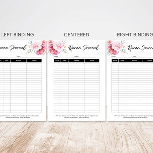 May include: A printable Quran journal with floral designs in pink and green. The journal has sections for date, time, surah, verse, name, and goal. The text "Quran Journal" is at the top of each page. The quote "The best among you are those who learn the Quran and teach it." Prophet Muhammad (Sahih Bukhari) is at the bottom of each page.