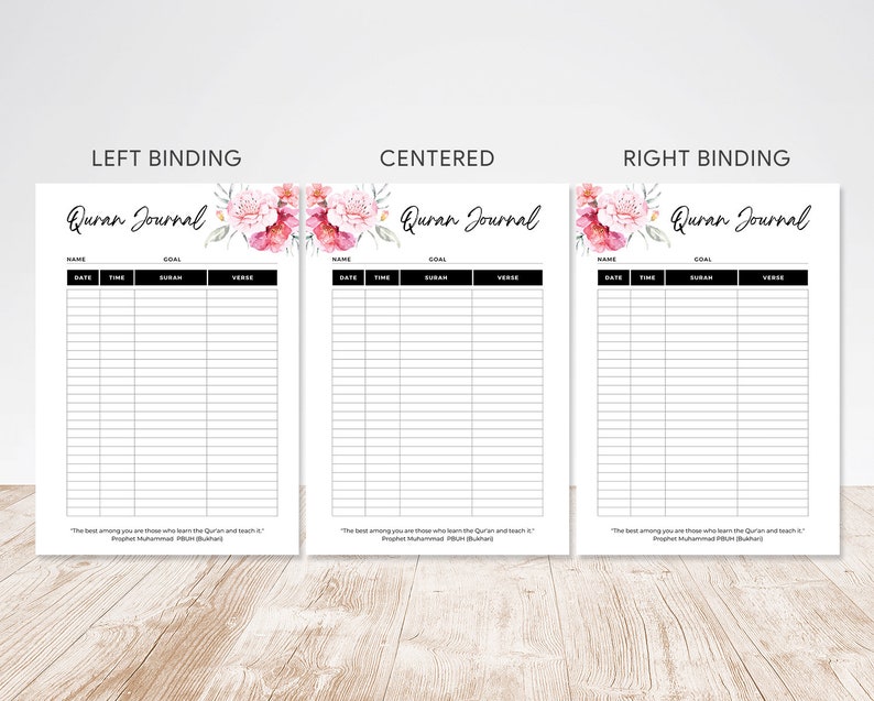 May include: A printable Quran journal with floral designs in pink and green. The journal has sections for date, time, surah, verse, name, and goal. The text "Quran Journal" is at the top of each page. The quote "The best among you are those who learn the Quran and teach it." Prophet Muhammad (Sahih Bukhari) is at the bottom of each page.