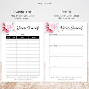 May include: A printable Quran journal with a floral design. The left page is a reading log with columns for date, time, surah, and verse. The right page is for notes with space to write the surah and verse. The quote "The best among you are those who learn the Quran and teach it." is at the bottom of both pages.