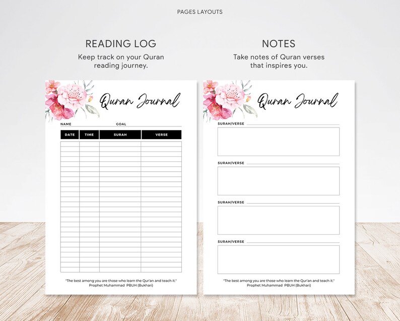 May include: A printable Quran journal with a floral design. The left page is a reading log with columns for date, time, surah, and verse. The right page is for notes with space to write the surah and verse. The quote "The best among you are those who learn the Quran and teach it." is at the bottom of both pages.