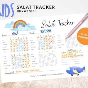 Kids Salat Tracker Blue + BONUS, Printable, Muslim Children Planner, Muslim Prayer Tracker, Prayer Checker Islamic Journal, Salah Journal