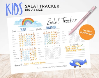 Kids Salat Tracker Blue + BONUS, Printable, Muslim Children Planner, Muslim Prayer Tracker, Prayer Checker Islamic Journal, Salah Journal