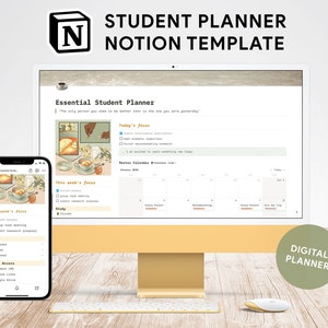 Peut inclure: Un écran d'ordinateur et un smartphone affichent un modèle de planificateur étudiant numérique. Le modèle est conçu pour être utilisé avec l'application Notion et comprend un calendrier, des listes de tâches et d'autres outils d'organisation. Le texte à l'écran indique "Essential Student Planner" et "Today's Focus".