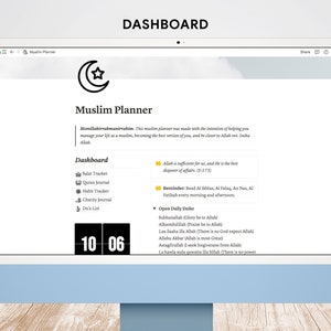 May include: A computer screen displaying a Muslim Planner dashboard with a crescent moon icon and the date 10 06. The dashboard includes features like Salat Tracker, Quran Journal, Habit Tracker, Charity Journal, and Du'a List. The screen also displays Islamic reminders and daily prayers.
