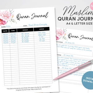 May include: A printable Quran journal with a floral design. The journal has sections for date, time, surah, and verse. The text "Read Quran Everyday" is at the top of the page. The text "Muslim Quran Journal A4 & Letter Size" is at the top of the page. The text "Quran Journal" is at the bottom of the page.