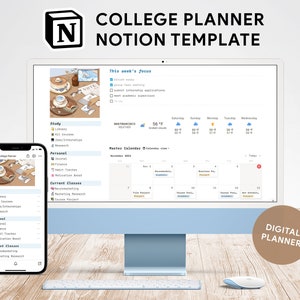 May include: A digital planner app on a computer and phone screen. The app has a calendar, to-do list, and other features to help users stay organized. The app is designed to be used by college students.