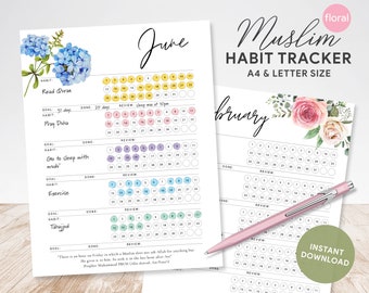 Floral Habit Tracker zum Ausdrucken für Muslim, Muslim Planner Einsätze, Muslim Habit Journal, Muslim Planner, Islamisches Journal, Sunnah Goal Planner