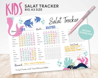 Kids Salat Tracker Mermaid, Printable, Muslim Children Planner, Muslim Prayer Tracker, Prayer Checker Islamic Journal, Salah Journal