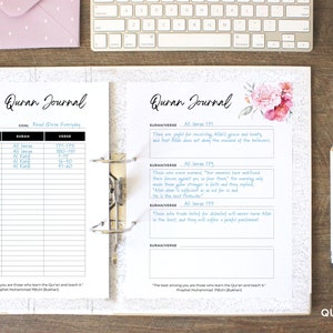 May include: A pink and white floral design on the cover of a Muslim Quran journal. The journal has a section for recording the date, time, surah, verse, and notes. The text on the cover reads "Muslim Quran Journal".